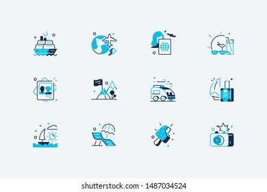 Travelling icons set vector illustration. Composition consist of transport, photos, camping, sea beach, ice-cream, suitcases and camera vacation symbols flat style concept. Isolated on white