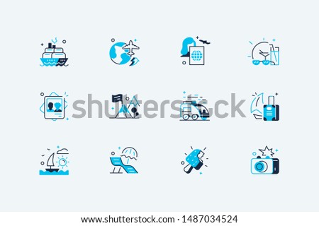 Travelling icons set vector illustration. Composition consist of transport, photos, camping, sea beach, ice-cream, suitcases and camera vacation symbols flat style concept. Isolated on white