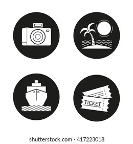 Travelling icons set.  Vector white illustrations in black circles
