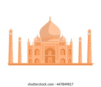 Travelling India famous historical attractions vector. Summer vacation in exotic countries concept. Tadj Mahal in Flat Design. Acient Indian muslim architecture illustration. Isolated on whitre.