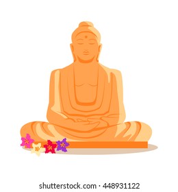 Travelling India famous historical attractions vector. Summer vacation in exotic countries concept. Buddha Statue in flat design. Acient Indian buddhist architecture illustration. Isolated on white