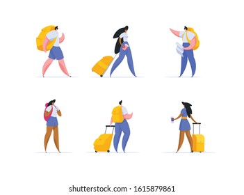 Travelling and journey flat vector illustrations set. Public transport trip, hitch-hiking, getting to destination. Travelers with baggage cartoon characters isolated on white background