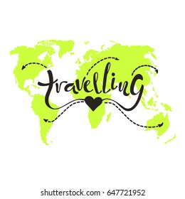 Travelling lettering on te world map.