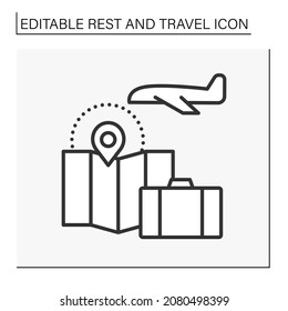 Travelling line icon. Planning vacation. Choosing a route for a perfect journey. Travelling by plane. Big suitcase and map. Rest and travel concept. Isolated vector illustration. Editable stroke