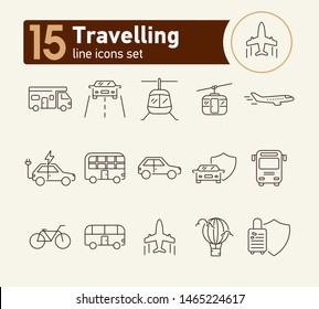 Travelling line icon set. Airplane, bus, double decker, camper van, car. Vacation concept. Can be used for topics like trip, journey, tour, voyage