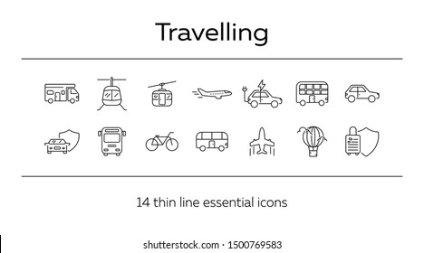 Travelling line icon set. Airplane, bus, double decker, camper van, car. Vacation concept. Can be used for topics like trip, journey, tour, voyage