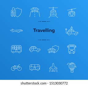 Travelling line icon set. Airplane, bus, double decker, camper van, car. Vacation concept. Can be used for topics like trip, journey, tour, voyage