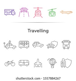 Travelling line icon set. Airplane, bus, double decker, camper van, car. Vacation concept. Can be used for topics like trip, journey, tour, voyage