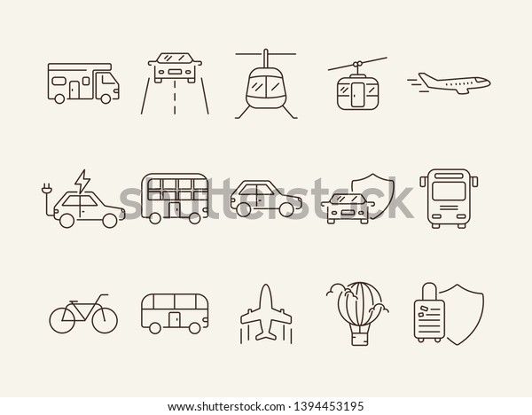 Travelling line icon set. Airplane, bus, double\
decker, camper van, car. Vacation concept. Can be used for topics\
like trip, journey, tour,\
voyage