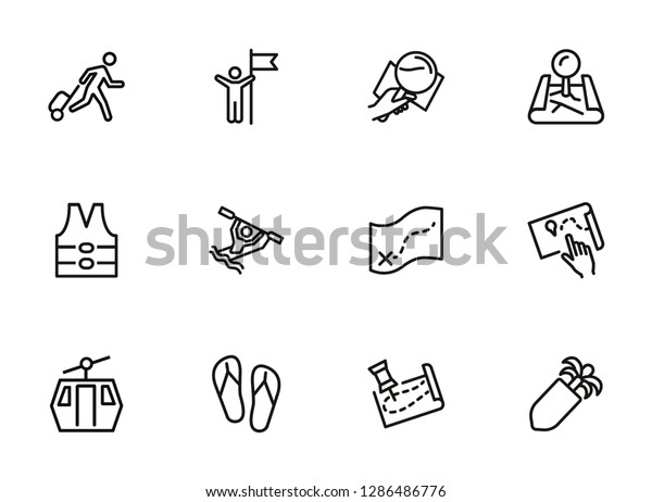 Travelling line\
icon set. Set of line icons on white background. Map, lens, route,\
hiking. Tourism concept. Vector illustration can be used for topics\
like active lifestyle,\
swimming