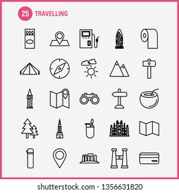 Travelling  Line Icons Set For Infographics, Mobile UX/UI Kit And Print Design. Include: Direction Board, Board, Direction, Traffic Board, Dish, Food, Eps 10 - Vector