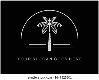 Travelling Logo Template In Thin Line Style, Beach And Palm Tree Icon.  Vector Isolated On Black Background.