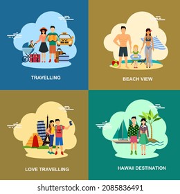 Travelling, love travel, beach view, Hawaii destination flat vector collection design