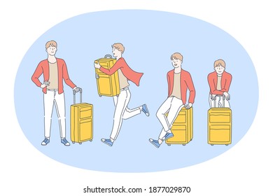 Travelling with luggage, journey and vacations with suitcase concept. Young man traveller tourist with yellow suitcase standing, waiting and hurrying for his flight in airport vector illustration 