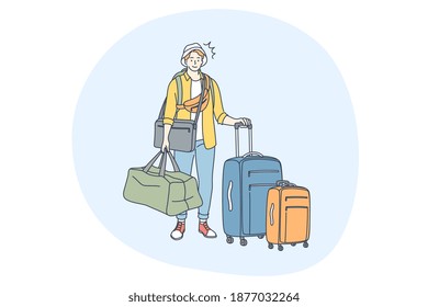 Travelling with luggage, vacations and journey with suitcase concept. Young man traveller tourist standing with luggage and waiting for flight in airport vector illustration 