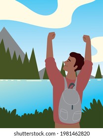 travelling man in forest with river and mountains
