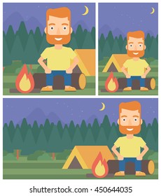 Travelling man sitting on a log near a fire on a background of camping site with tent. Man sitting near a campfire at a campsite. Vector flat design illustration. Square, horizontal, vertical layouts.
