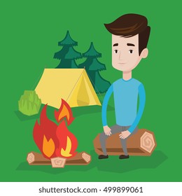 Travelling man sitting on a log near a fire on the background of camping site with tent. Young caucasian man sitting near a campfire at a campsite. Vector flat design illustration. Square layout.