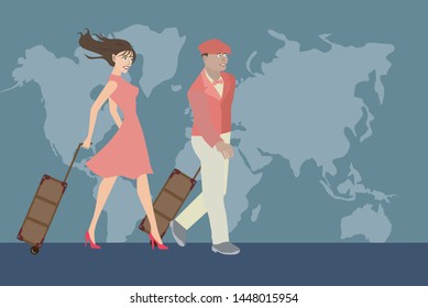 Travelling man and woman couple vintage retro style with baggage in pink dress in front of the World map
