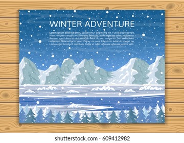 Travelling and mountaineering card on wood backdrop. Climbing, hiking, trekking, outdoor vacation or extreme winter sports banner. Mountains, river and pine forest. EPS10 vector illustration.