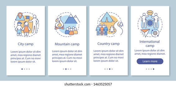 Travelling, nature camps onboarding mobile app page screen with linear concepts. Camping vacation, trip walkthrough steps graphic instructions. UX, UI, GUI vector template with illustrations