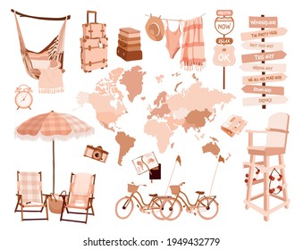 travelling on the sea equipment set. Rose gold map of the world, luggage, bicycles, road signs, chaise lounges, umbrellas, lifeguard stand, hammock, bathing suit, beach towel, sunbeams, lawn chairs