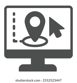 Icono sólido de la orden del viaje en línea, concepto del destino del viaje. Gráficos de Vector. Muestra de la exhibición del perno de la Locación en el fondo blanco, icono del estilo del glifo para el móvil o el Diseño web
