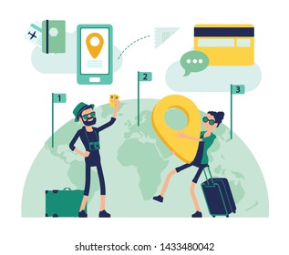 Travelling people make a journey. Male and female tourists with luggage for holiday trip holding giant navigation map pointer. Vector abstract illustration with faceless character, map background