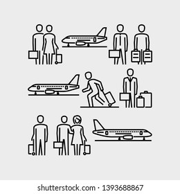 Travelling people, men and women with luggage waiting airplane vector icons