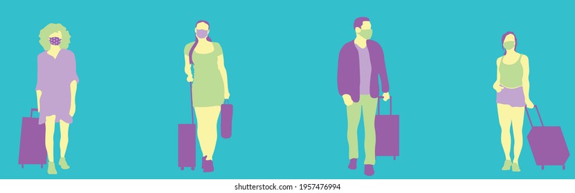 Travelling people safe distance. Medical masks and suitcases. Post-corona travelling concept. Travelling after coronavirus covid19 illustration. EPS 10.
