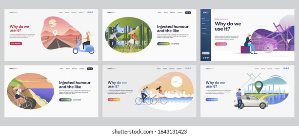 Travelling people set. Men and women riding scooter, bike, driving car. Flat vector illustrations. Trip, road, vacation concept for banner, website design or landing web page