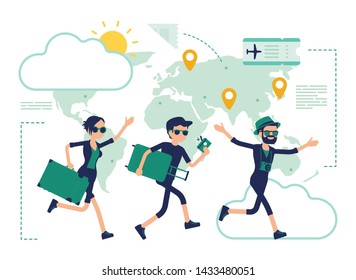 Travelling people take a trip. Group of tourists with luggage in a hurry to plane for air travel, running aircraft passengers. Vector abstract illustration with faceless character, map background