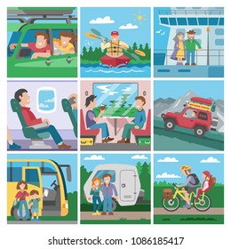 Travelling people vector traveler or tourist character travellng by train or plane and couple with kids on car or seaboat trip vacation illustration set