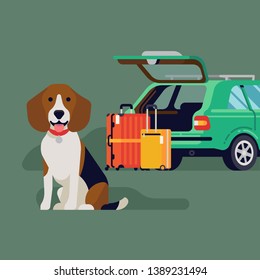 Viajar con mascotas por el concepto de camión ilustración vectorial con perro de remolacha sentado frente a maletas y tronco de camión abierto. Viajar con un concepto de perro visual