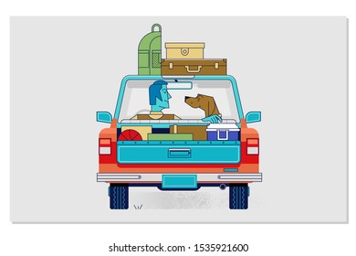 Travelling with pets by car concept flat vector illustration.Travel car illustration car with luggage