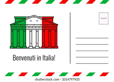 Travelling postcard vector design. Italy monument. The Temple of Concordia vector icon. Benvenuti in Italia slogan.