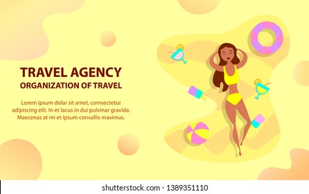 Travelling and relaxing on Beach Summer theme Banner. Woman sunbathes on Sand. landing page or flyer for travel agency or tour operator. Vector Illustration.