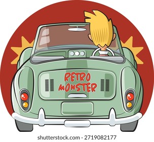 Viajar en coche retro y conductor.
Estilo divertido del cómic