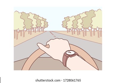 Travelling, road, tourism concept. Human traveller tourist rider cartoon character driving car vehicle moving on highway. Vacation weekend trip and holiday adventure with active lifestyle illustration