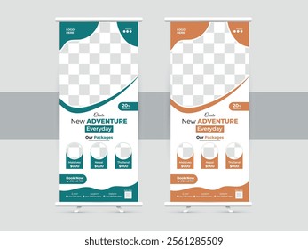 Travelling roll up banner standee design template, Travel Business agency Roll Up Template. Truism Standee Design Banner. pull up banner. Company Tours Vacation exhibition display template