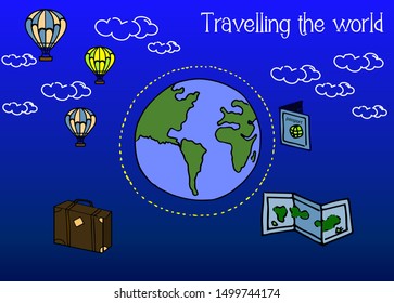 Travelling round the world concept vector with hand drawn earth, hot air balloon, passport, map and beg image