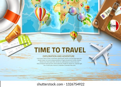 Travelling route on world map with navigation tags at table with airliner plane, vintage suitcase, lifebuoy, flight tickets and sunscreen cream. Time to travel, summer vacation vector poster