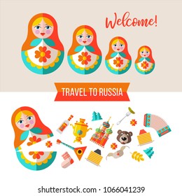 Travelling to Russia. Set of clipart on the Russian theme. Russian doll matryoshka, balalaika, the bear in the cap, the Kremlin, samovar, pancakes with caviar, vodka and valenki.