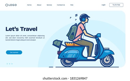 Travelling with scooter freedom lineart style flat vector landing page template