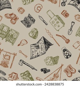 Travelling seamless pattern. Ornament of camping items, hiking equipment, journey attributes. Vector design in engraving style.