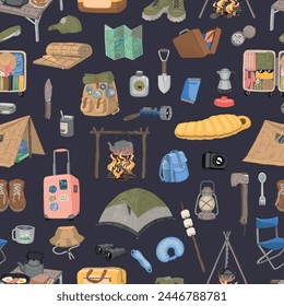 Travelling seamless pattern. Ornament of camping items, hiking equipment, journey attributes. Vector design in cartoon style.