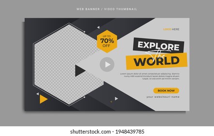 Travelling service business promotion web banner or video thumbnail template. Travel or tour offer marketing banner design with agency logo, icon. Summer beach holiday online advertisement video cover