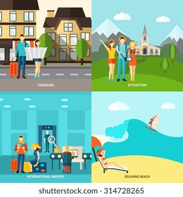 Travelling sightseeing attraction and relaxing on the beach 4 flat icons square composition abstract isolated vector illustration