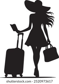 Travelling silhouette vector art, girl travel illustration with luggage design.