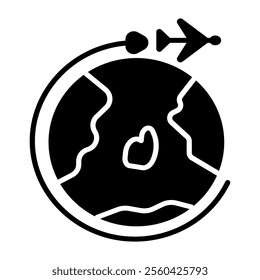 Travelling solid icon Around the World - Aviation, Travel by Airplane Concept - World Map and Transparent Earth .